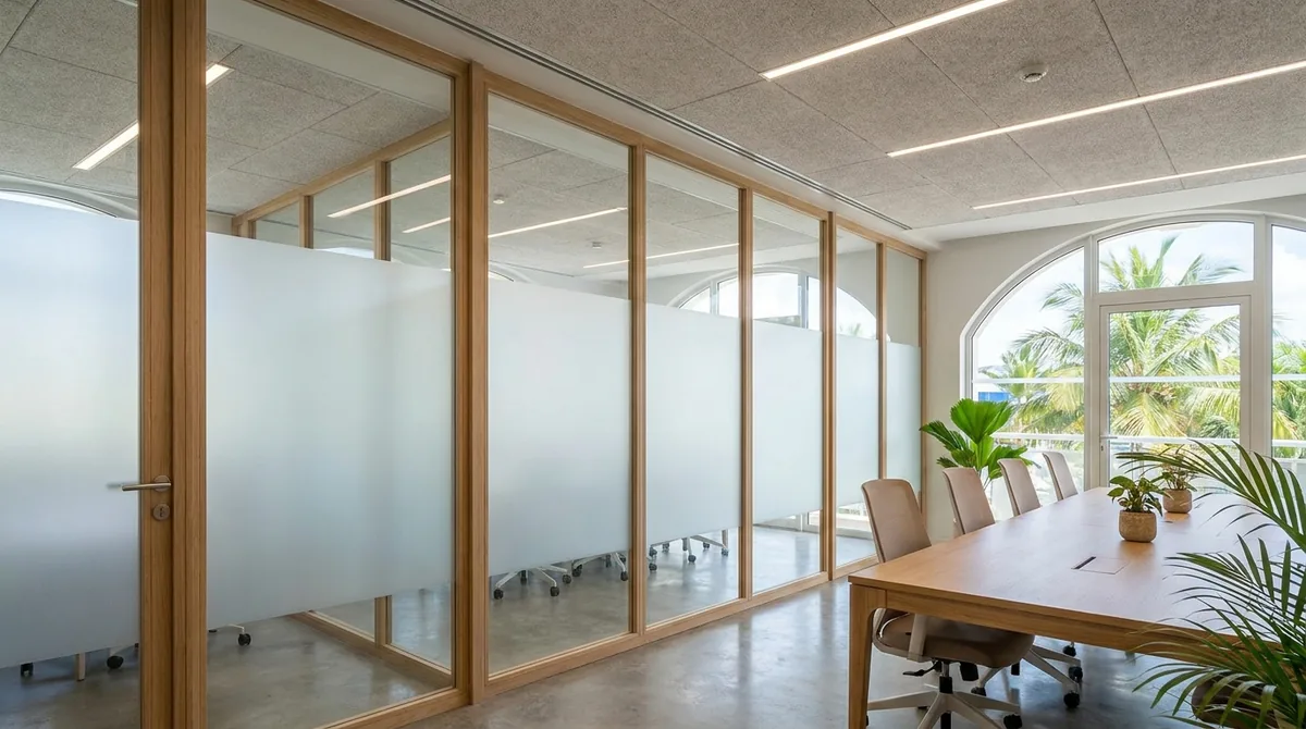 Aménagement intérieur de bureaux professionnels avec cloisons et faux plafond