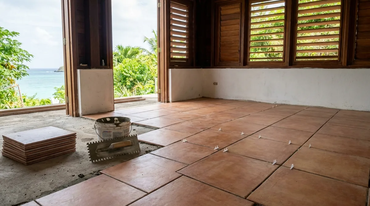 Pose de carrelage au sol dans une maison en rénovation