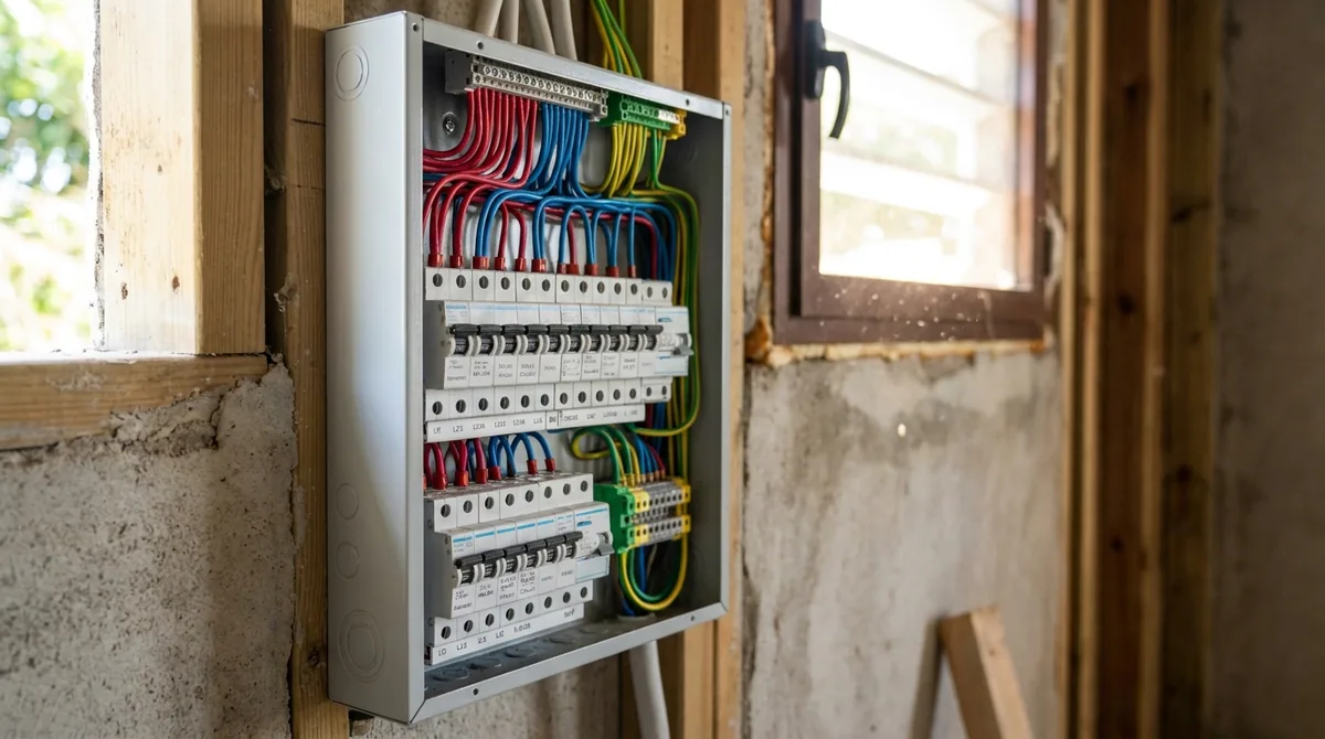 Tableau électrique avec câblage soigné dans une maison en rénovation