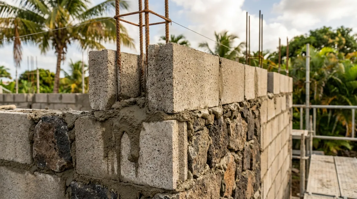 Mur en maçonnerie de blocs en cours de construction sur un chantier antillais