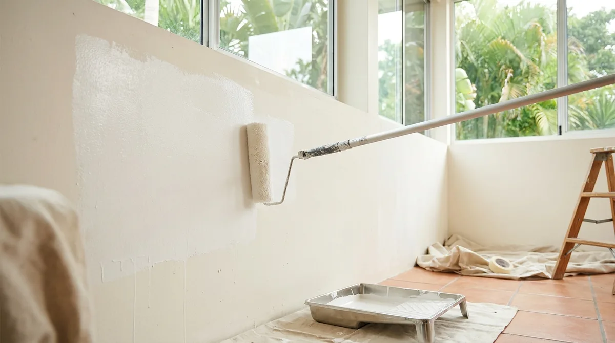 Rouleau appliquant de la peinture fraîche sur un mur intérieur