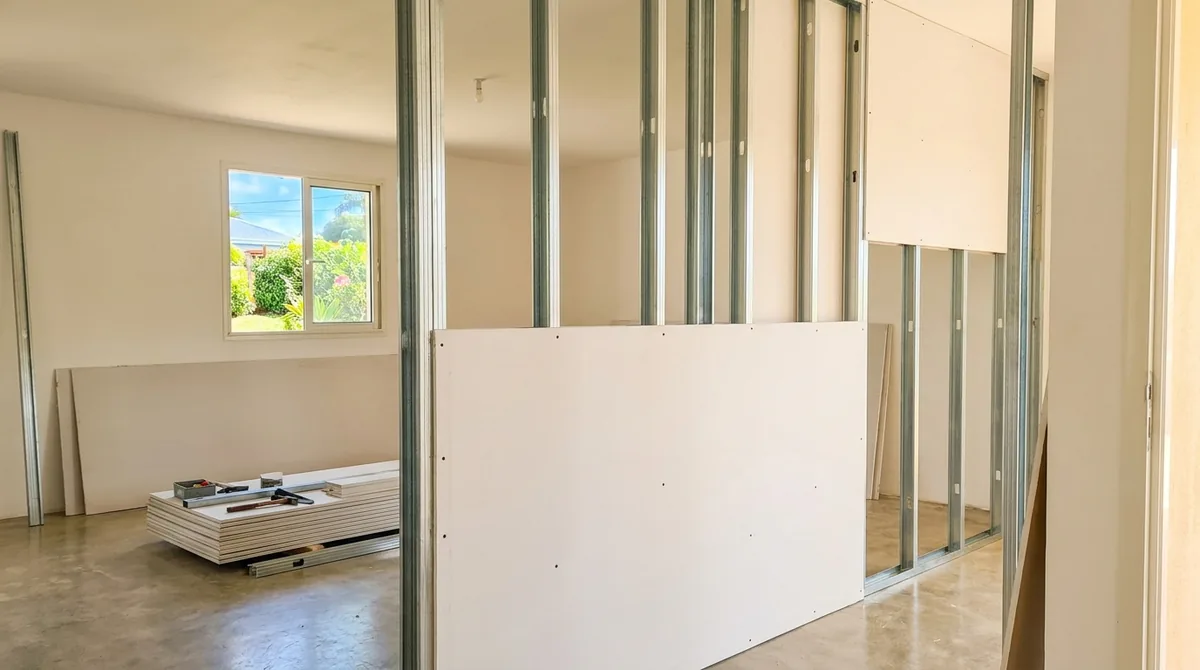 Cloison en plaques de plâtre sur ossature métallique en cours de pose