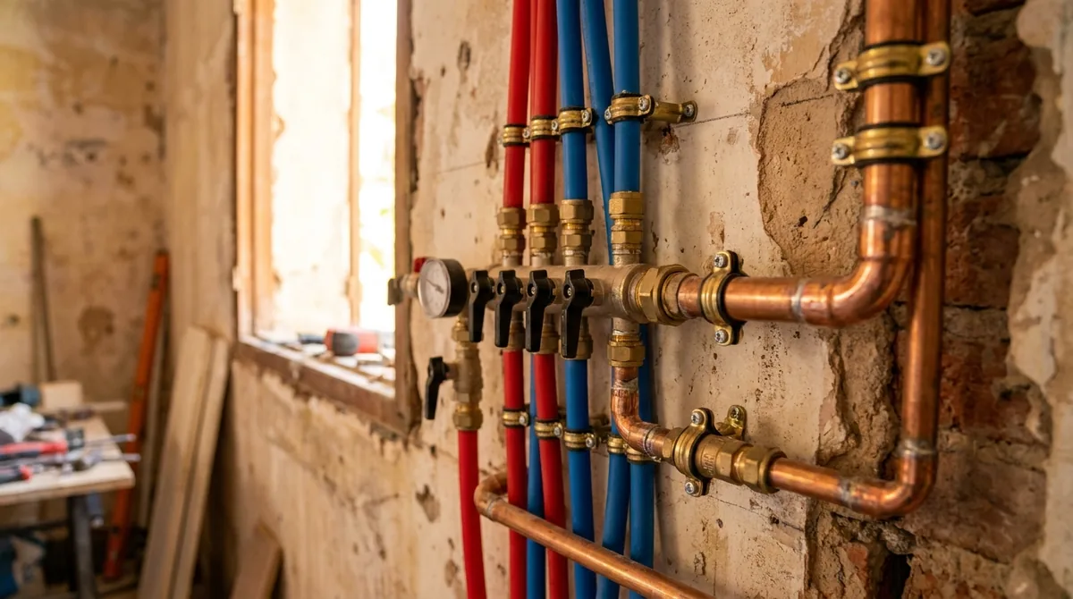 Réseau de plomberie en cuivre et PER en cours d'installation