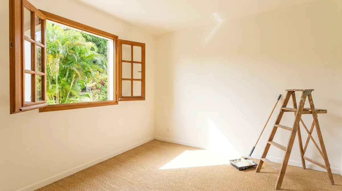 Pièce fraîchement peinte avec sol neuf dans une maison antillaise