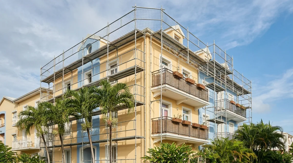 Façade d'un immeuble en copropriété sous échafaudage pendant un ravalement, aux Antilles
