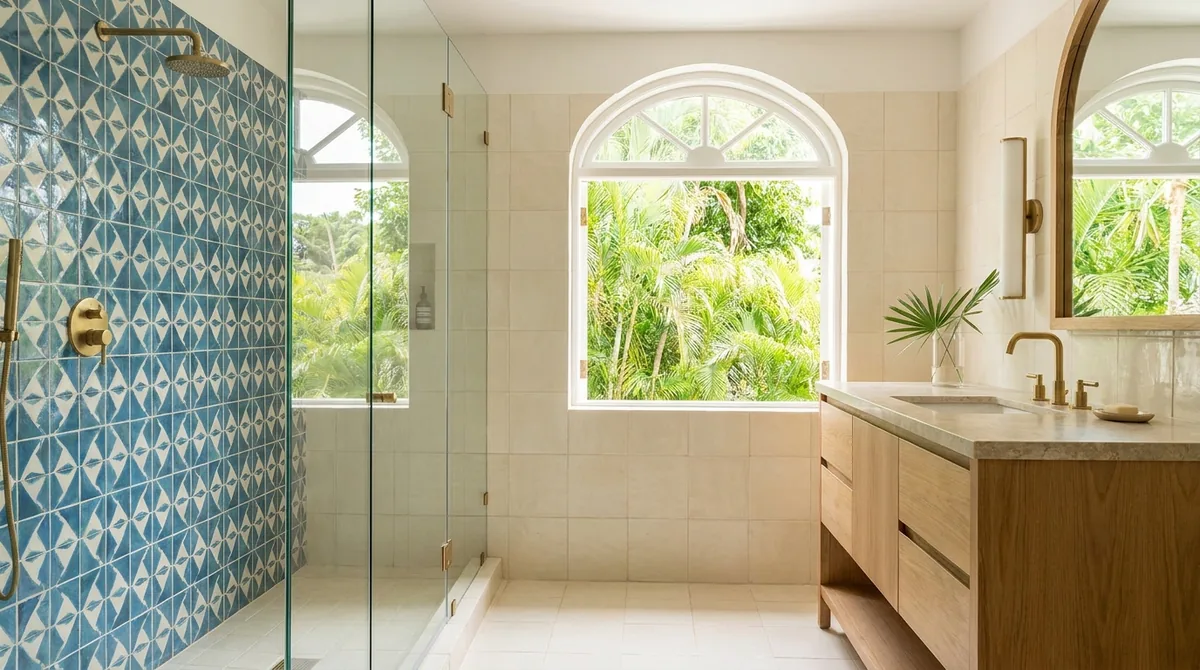 Salle de bains rénovée avec carrelage et douche dans une maison antillaise