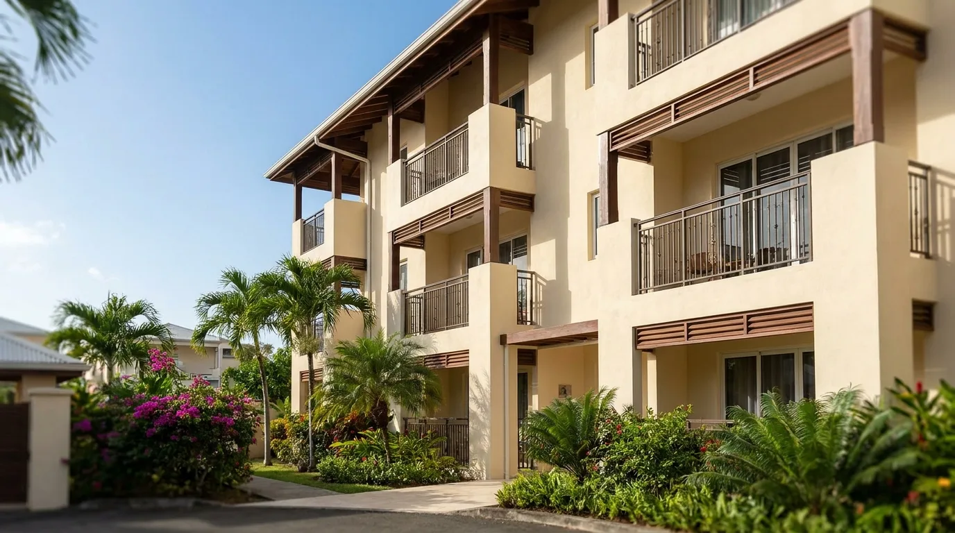 Résidence en copropriété aux balcons rénovés sous le soleil des Antilles